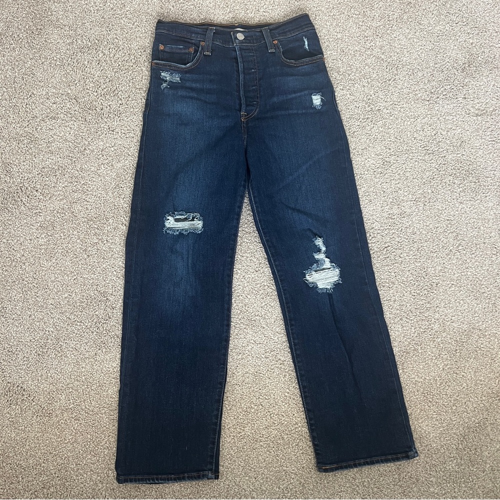 Levi's Ribcage Classic Indigo Straight Ankle Dark Distressed Jeans size 27 crop